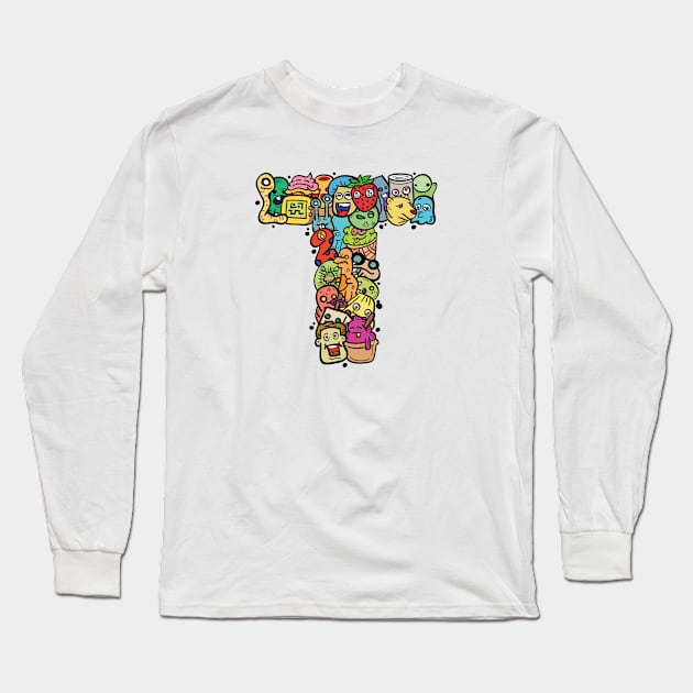 Alphabet Monster Doodle Letter T Monogram Long Sleeve T-Shirt by Irene Koh Studio